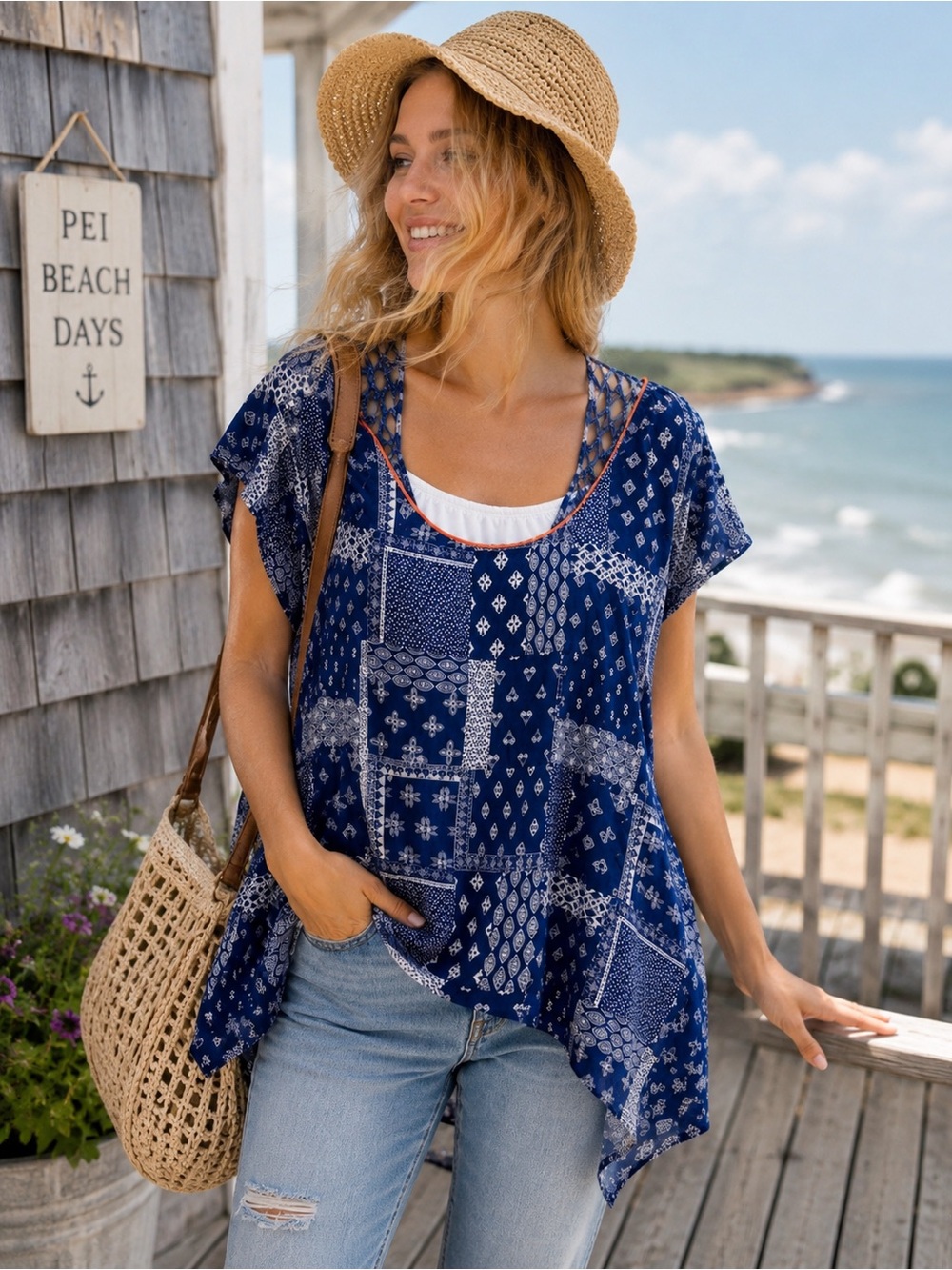 TU Blue Patchwork Boho Tunic Top Large Crochet Asymmetrical Festival
